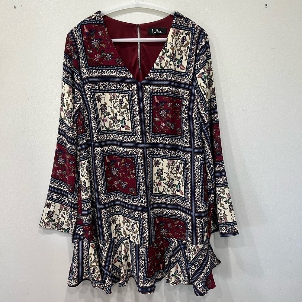 Lulu's Burgundy, Cream & Navy Patchwork Floral Ruffle-Hem Mini Dress